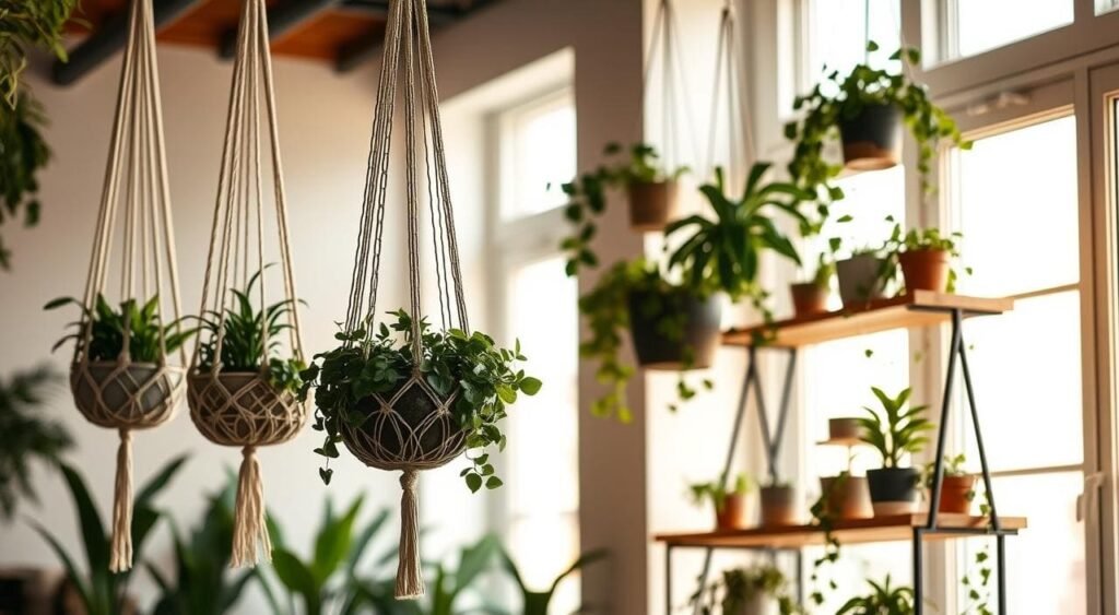 Una escena interior destaca diversas soluciones estéticas para plantas colgantes de interior. En primer plano, maceteros de macramé con patrones intrincados se mecen suavemente, proyectando sombras delicadas. Más atrás, maceteros metálicos minimalistas realzan el follaje colgante con sus líneas elegantes. Al fondo, una estantería de madera exhibe plantas cuyas hojas caen en cascada. La luz cálida e indirecta, filtrada por grandes ventanales, crea una atmósfera serena y natural.