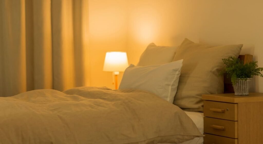 Plantas para dormitorio con poca luz, La imagen muestra un dormitorio acogedor, iluminado suavemente por una lámpara de mesa. La cama, vestida con sábanas de tonos cálidos, crea un ambiente relajante. Al lado de la cama, una mesita de noche sostiene una pequeña planta en una maceta de metal, añadiendo un toque de frescura al espacio. Este es un claro ejemplo de cómo las plantas dormitorio con poca luz pueden embellecer un rincón sin necesidad de mucha luz natural.