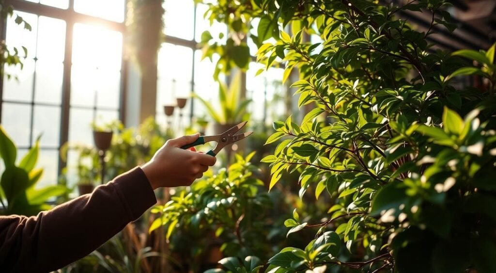 Un jardín interior exuberante bañado por la luz solar que entra por amplios ventanales resalta la dedicación al cuidado de las plantas. Un jardinero poda con precisión el follaje, manteniendo la salud y armonía estética del espacio. La escena refleja la importancia del mantenimiento adecuado y de cómo podar correctamente las plantas de interior, incluyendo aquellas como las plantas colgantes interior poca luz, en un ambiente de tonos terrosos y tranquilidad.