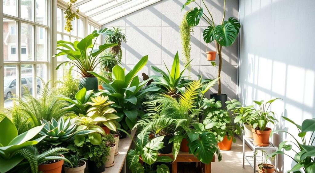Este espacio interior lleno de luz natural ha sido transformado en un auténtico oasis verde, con una gran variedad de especies vegetales que crean un ambiente fresco y vibrante. Las paredes claras y las ventanas amplias permiten que la luz bañe cada rincón, haciendo que cada planta resplandezca con intensidad. Entre la selección destacada, se pueden apreciar plantas grandes para interiores que aportan estructura y presencia al entorno, como la monstera, el helecho arbóreo y la palma de salón. Estas especies no solo embellecen el espacio, sino que también mejoran la calidad del aire y generan una conexión directa con la naturaleza dentro del hogar.