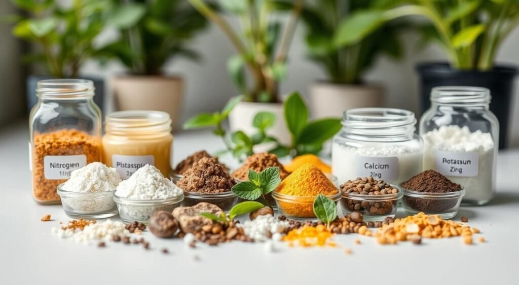En la imagen, se pueden ver diversos ingredientes y compuestos utilizados para la elaboración de abono para plantas de interior. Entre ellos destacan el nitrógeno, el potasio, el calcio y el zinc, elementos esenciales para el crecimiento saludable de las plantas. Estos fertilizantes orgánicos ayudan a fortalecer las raíces, mejorar la floración y promover un desarrollo vigoroso en el entorno cerrado, proporcionando a las plantas los nutrientes necesarios para su óptimo desarrollo.