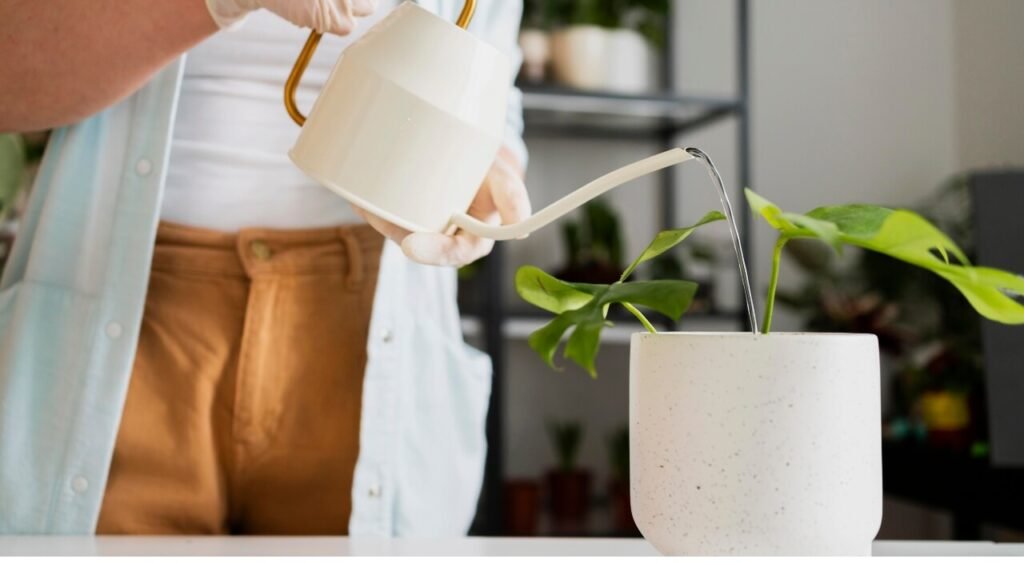 En la imagen se observa a una persona regando una planta de interior con una regadera blanca de diseño moderno. La planta, colocada en una maceta blanca de cerámica, muestra hojas verdes y saludables, lo que refleja un buen cuidado y atención en su mantenimiento. Este momento representa claramente la técnica de riego adecuado, fundamental para el crecimiento y bienestar de las plantas. Utilizar la cantidad correcta de agua y aplicarla directamente en la base de la planta ayuda a evitar el exceso de humedad y enfermedades, promoviendo un ambiente sano dentro del hogar.