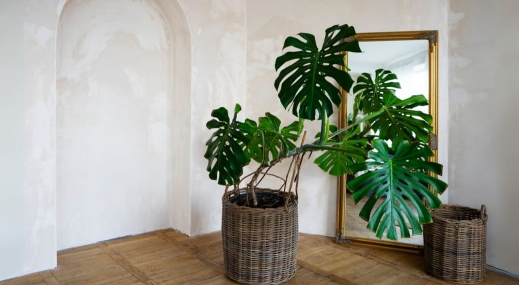 Una hermosa planta de monstera deliciosa para interiores en una maceta de mimbre, destacándose en un ambiente luminoso y elegante. Para mantener su salud y belleza, es fundamental seguir algunos consejos de cuidados monstera deliciosa , como asegurarse de que la planta reciba luz indirecta y regarla de manera controlada para evitar el exceso de agua