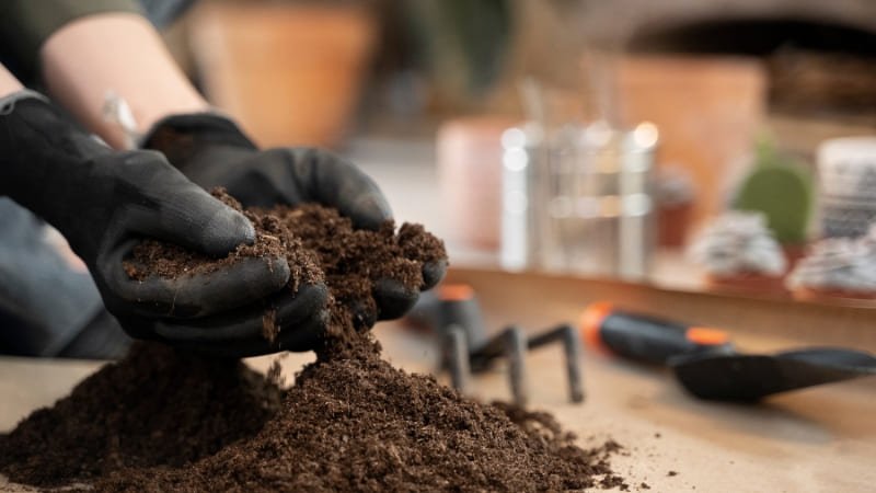 como preparar o solo para plantar. Homem de luvas preparando substratado para utilizar no solo.