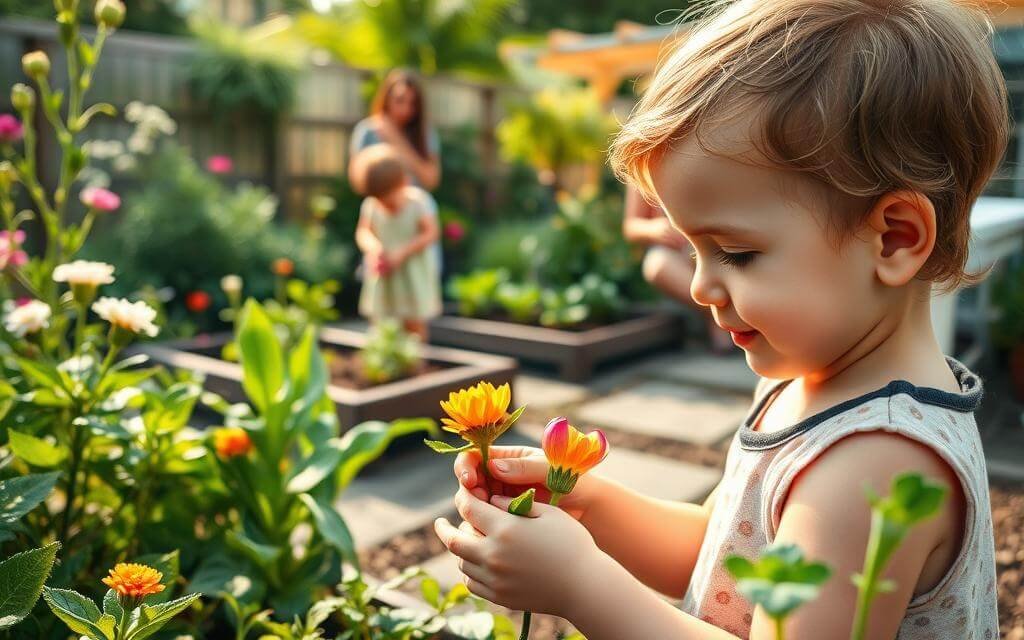 criança pequena na jardinagem